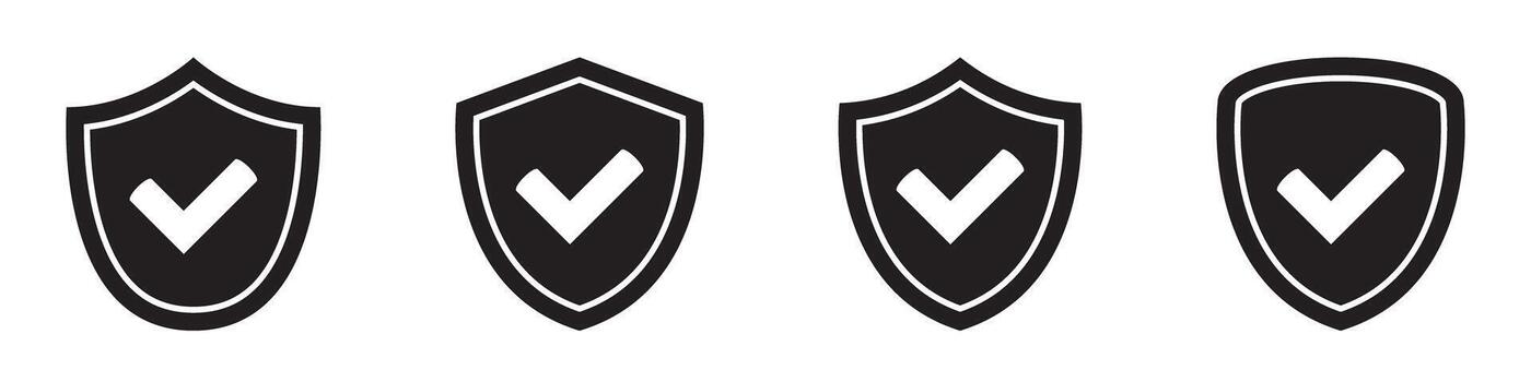 Shield with Checkmark Icon Set, Security and Protection Symbols, Verified Tick Shield Icon. vector