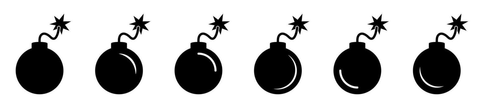 Bomb Icon Set - Round Bombs with Burning Fuse, Explosion and Danger Symbols vector