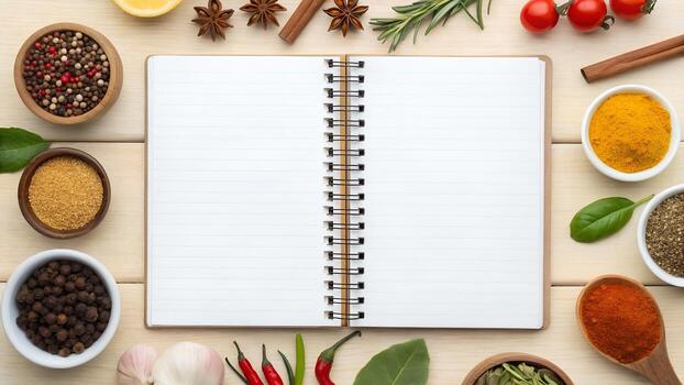 Overhead View Of Open Blank Cookbook Surrounded By Spices And Ingredients On A Wooden Table photo