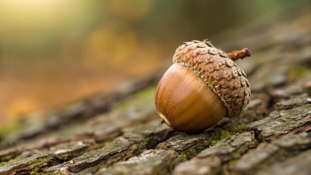 Close Up Of A Single Acorn Resting On Textured Tree Bark With Soft Bokeh Background photo