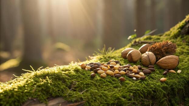 Sunbeams Illuminate Assorted Nuts And Pine Cones Resting On Moss Covered Tree Branch In Forest photo
