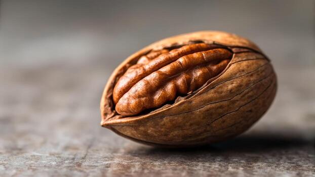 cerca arriba de un soltero pacana nuez en sus cáscara en un texturizado superficie con suave Encendiendo foto