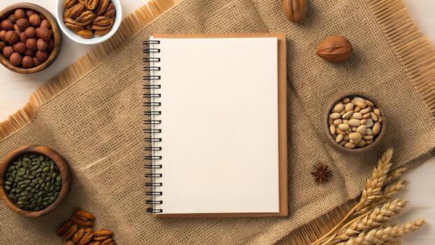 Flat Lay Of Assorted Nuts Seeds And Grains With Open Notebook On Burlap Background photo