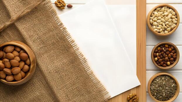 Rustic Display of Assorted Nuts and Seeds on Burlap and White Wood Background photo