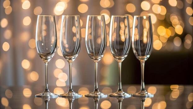 Five Empty Champagne Flutes Lined Up On A Reflective Surface With Soft Golden Bokeh Lights In The Background photo