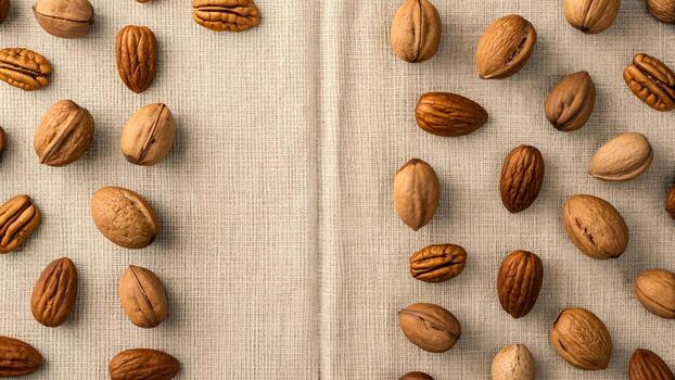 Assorted Uncooked Nuts Scattered on a Textured Neutral Fabric Surface Top Down View photo