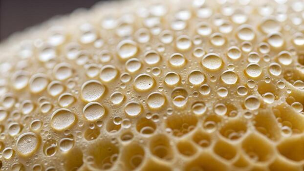 Close Up Macro Shot Of Water Droplets On A Yellowish Textured Surface With Hexagonal Patterns photo