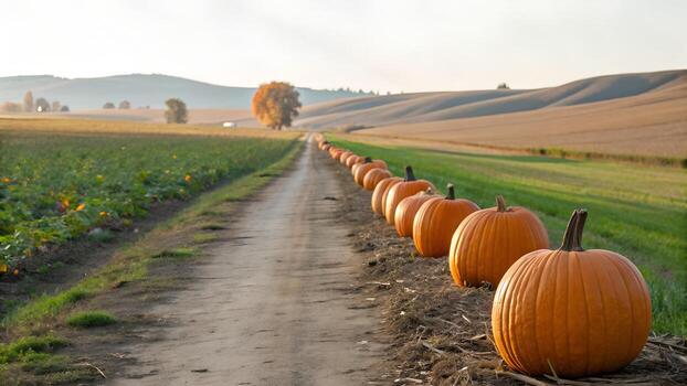 Row Of Pumpkins Lined Up On A Dirt Path With Fields And Rolling Hills In The Background During Daytime photo