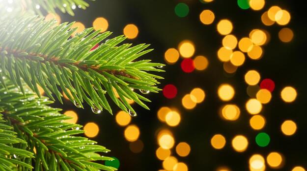 Close-up of a Christmas tree branch with bokeh lights in the background. photo