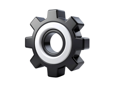 Sleek three-dimensional black gear icon with a white inner ring, symbolizing settings, configuration, and mechanical operations, ideal for technology and engineering designs png