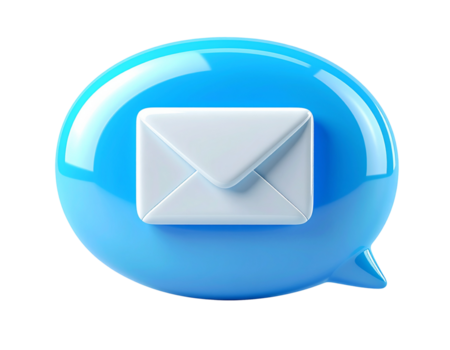 A vibrant 3D rendered blue speech bubble with a white envelope icon, symbolizing new digital messages, online communication, and important notifications in a modern context png