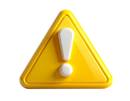 A glossy 3D yellow triangular warning sign with a white exclamation mark symbol, isolated on a transparent background for attention or alert notifications png