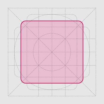 A pink square shape with rounded corners is displayed on a gray background with grid and guide lines suggesting design vector