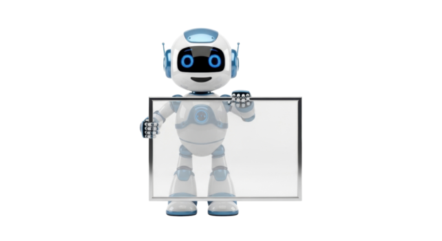 affascinante 3d reso umanoide robot nel bianca e blu, presentazione un' vuoto bianca Schermo asse, Perfetto per innovativo tecnologia concetti o costume Messaggio integrazione png