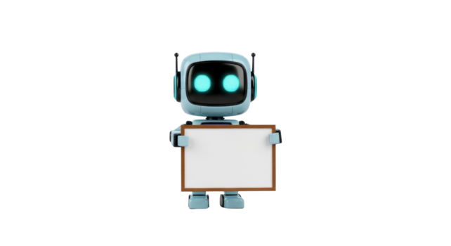 Friendly 3D robot with glowing eyes presents a clean blank white sign, ideal for custom messages in technology, AI, and digital communication projects png