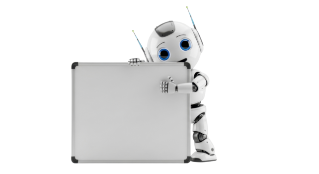 Charming modern robot showcasing a blank white board, perfect for displaying your personalized message, educational content, or any informative visual communication png