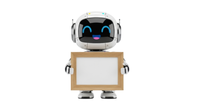Cute AI robot character with a happy expression holding a blank wooden frame. Ideal for displaying custom messages, graphics, or innovative concepts in technology and communication design png
