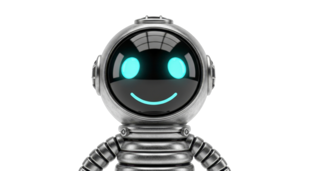 sorridente artificiale intelligenza robot testa con raggiante blu occhi e metallico finire, che rappresentano moderno digitale assistenza e futuro tecnologia concetti png