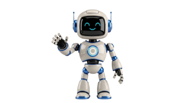 vänlig trogen robot med en lysande skärm ansikte lyckligt vinka en välkomnande hand, symboliserar artificiell intelligens, teknologisk innovation, och digital kommunikation i en rena, modern stil png