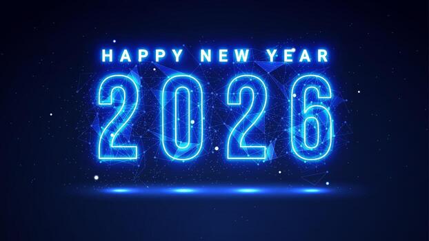 Futuristic glowing 2026 number with plexus lines and glitter particles. Happy New Year celebration greeting card in the blue neon light style vector