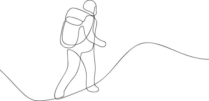 Single line drawing of a person with a backpack walking vector