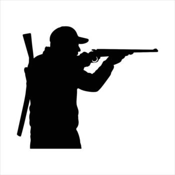 Silhouette of a Hunter Aiming Rifle with Hunting Gear Ready for Action vector