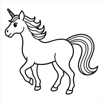 A simple black and white line drawing of a majestic unicorn standing proudly with its mane and tail flowing elegantly vector