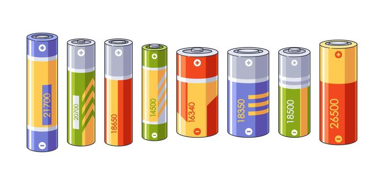 Isolated set of different cylinder finger batteries with various size and power capacity on white vector