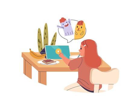 Little girl child character watching cartoon using mobile tablet media player app while eating scene vector