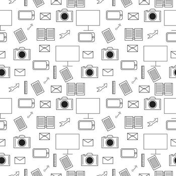 Seamless office and digital icons pattern background featuring camera monitor phone mail and book symbols in black outline style for business education and technology themes vector