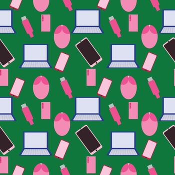 Seamless technology pattern background featuring laptop smartphone mouse usb and gadget icons in modern flat style on green backdrop perfect for digital and tech themes vector