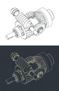 Worm gearbox with differential structure isometric drawings vector