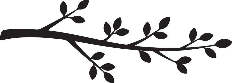 Black silhouette of a tree branch with small leaves on white background vector