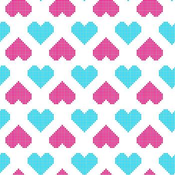 Seamless pixel heart pattern in 80s, 90s retro style with blue and pink hearts. background vector
