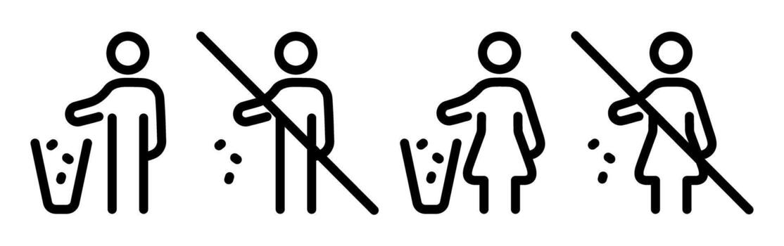 Do not litter line icon showing person throwing trash into bin. Keep area clean outline symbol vector