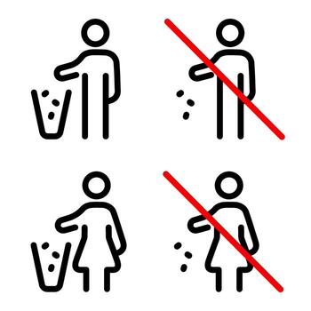 Set of linear icons showing people throwing trash in the bin and signs prohibiting littering. vector
