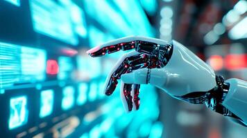 alta tecnologia robótico braço cria programas em uma tela sensível ao toque. uma conceito para a desenvolvimento do artificial inteligência. video