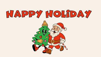 Lycklig högtider meddelande med santa och jul träd design. slinga animation. alfa kanal genomskinlighet video