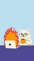 cartone animato gatto con calma Tenere caffè mentre Guardando il computer portatile su fuoco. ciclo continuo animazione con alfa canale trasparenza video
