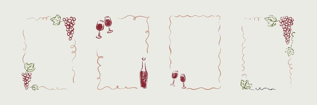 Set of hand drawn chalk, crayon, charcoal, pencil frames with grape vine, bottle and wineglass. Doodle sketch rectangle border design element for restaurant, menu, bar poster, bachelorette invitation vector