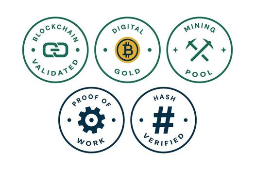 Blockchain and Cryptocurrency Certification Icon Set Mining and Validation Badges vector