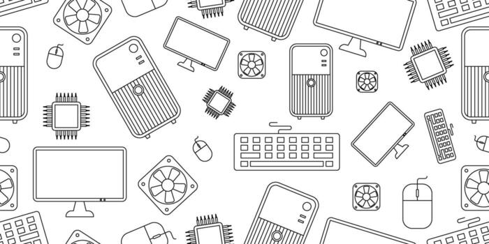 Seamless pattern of computer components in line art style. The design includes computer cases, monitors, keyboards, mice, fans, and microchips arranged in a repetitive layout vector