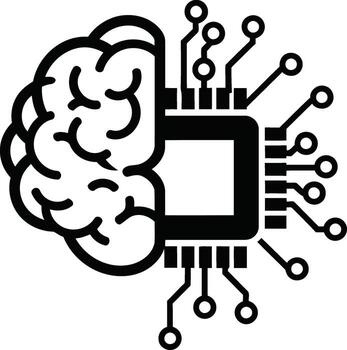 A black and white image of a brain and circuit board vector