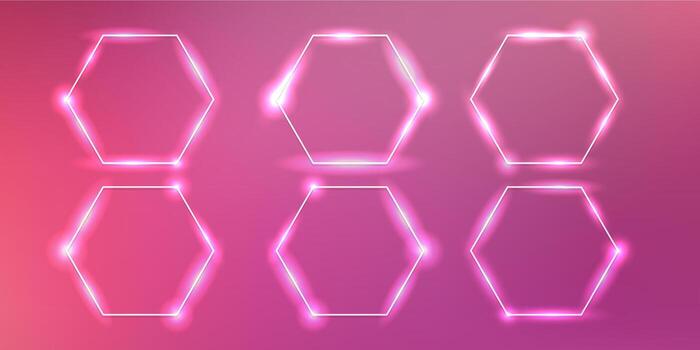 Set of six neon hexagon frames with shining effects and sparkles on pink background. Empty glowing techno backdrop. illustration vector