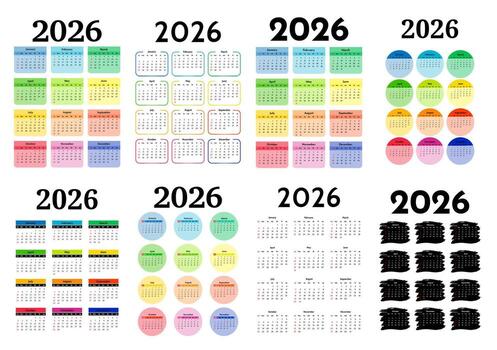 Set of eight vertical calendars for 2026 isolated on a white background. Sunday to Monday, business template. Perfect illustration vector