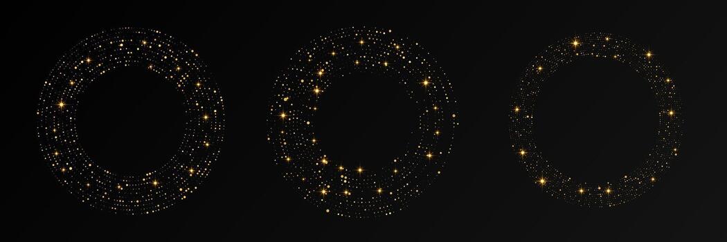Abstract gold glowing halftone dotted background. Set of three gold glitter patterns in circle form. Circle halftone dots. Perfect illustration vector