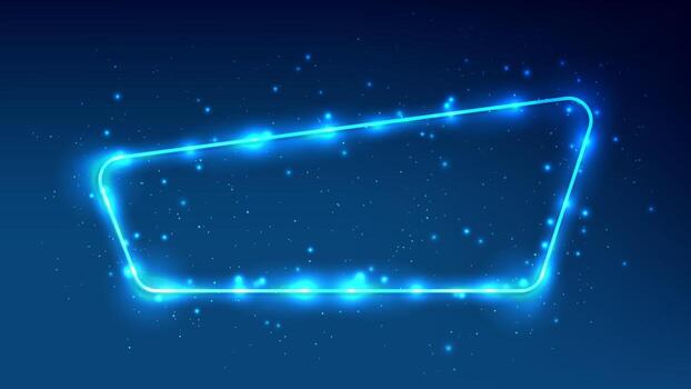 Neon rounded frame with shining effects and sparkles on dark blue background. Empty glowing techno backdrop. Perfect illustration vector