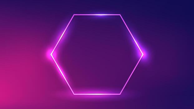 Neon hexagon frame with shining effects on dark purple background. Empty glowing techno backdrop. Perfect illustration vector