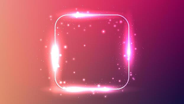 Neon rounded square frame with shining effects and sparkles on dark red background. Empty glowing techno backdrop. Perfect illustration vector