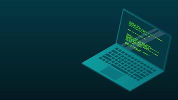 isométrico computador portátil animação. 3d isométrico computador portátil computador. abstrato programação língua e programa código em uma computador portátil tela. isométrico tecnologia. 4k animado dentro isométrico estilo video